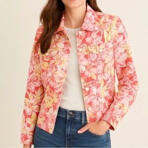 Vtg Talbots Women Floral Stretch Jacket L‎ Pink Yellow Cotton Blend Tropical